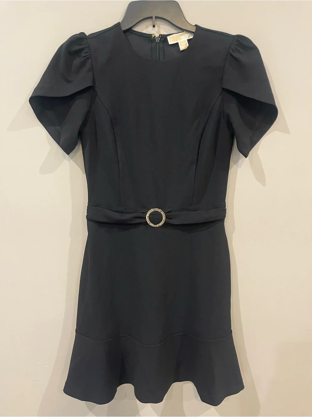Michael Kors Black Midi Dress with Puff Sleeves and Decorative Belt